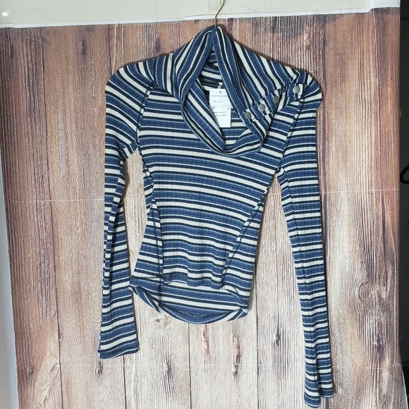 #40 Free People Cape Cold  Stripe Button Turtleneck - Picture 4 of 11